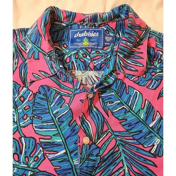 Chubbies Hawaiian Shirt Men’s Medium Blue Pink Tropical Aloha Button Front M - Picture 2 of 7